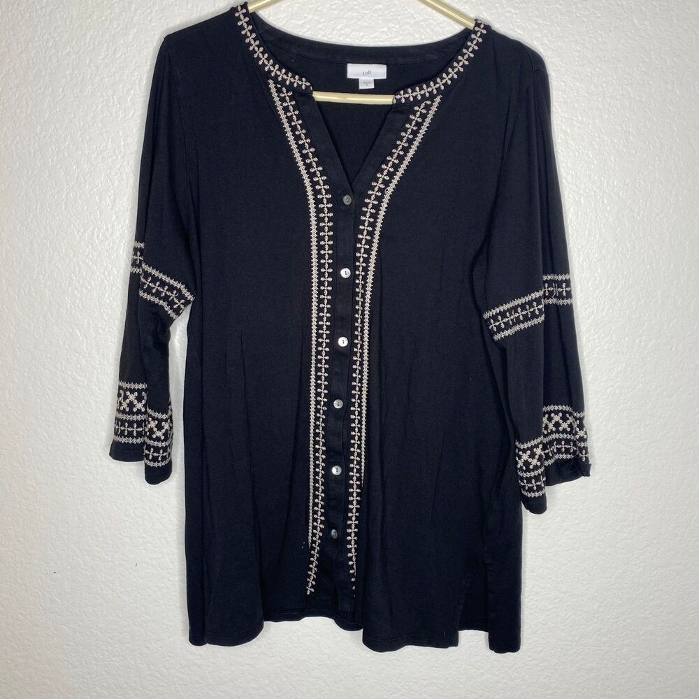 J Jill quarter sleeve button up blouse top boho stretch embroidered tencel M